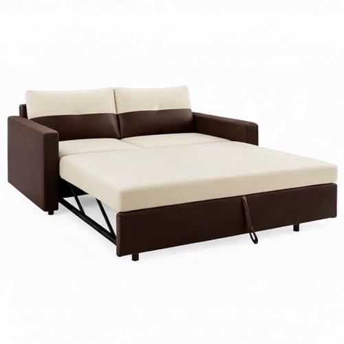 Image of SOCOZI Enrique 2 Seater Sofa Cum Bed | Premium Leatherette Upholstery | Modern Convertible Design | Comfortable Seating & Sleeping Solution for Living Room (Dark Brown-Cream)