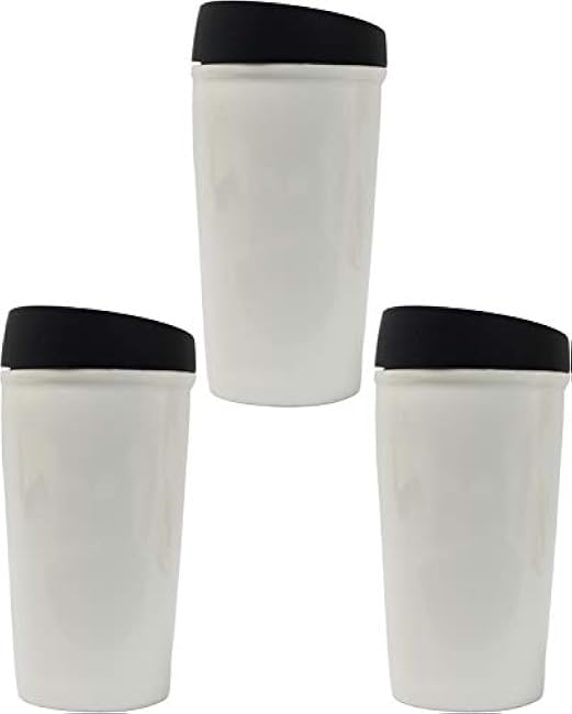 Black Duck Brand Set of 3 White Ceramic Travel Mugs - Insulated - Soft Rubber Lid - 10 OZ. Jet Set (3 White Tumblers)