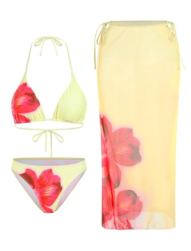 ZAFUL Womens 3pcs Swimsuit Floral Halter Triangle Bikini Top Tie Side Bottom with Long Sheer Cover Up Skirt
