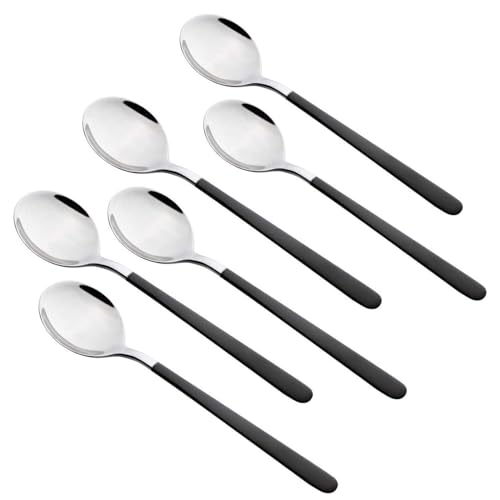 Image of Stainless Steel Dinner /Table Spoons, Silver Elliptical Head, Spoon Set, Length 21 cm (6 Pieces Black Spoon)