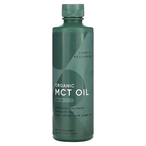 Sports Research Organic MCT Oil - Vegan & Keto C8, MCTs from Coconuts - Fatty Acid Brain & Body Fuel, Non-GMO & Gluten Free - Flavorless Oil, Perfect in Coffee, Tea & Protein Shakes - 16 oz
