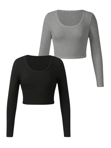 Image of RoseSeek Girl's Long Sleeve T Shirt Slim Fit Crewneck Fall Basic Tees Ribbed Knit Crop Top for Girls Grey and Black 8Y