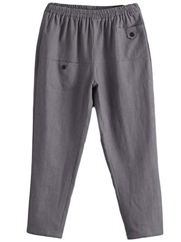 Minibee Women's Elastic Waist Casual Crop Linen Pull On Pants Gray L