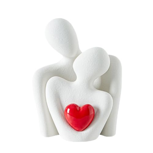Yizzwtc Estatua de Pareja de Cerámica, Figuras de Parejas Decorativas, Escultura de Pareja Enamorada Moderna Decoración de Escultura Abstracta con Corazón Rojo para Dormitorio (Blanco Blanco Rojo)
