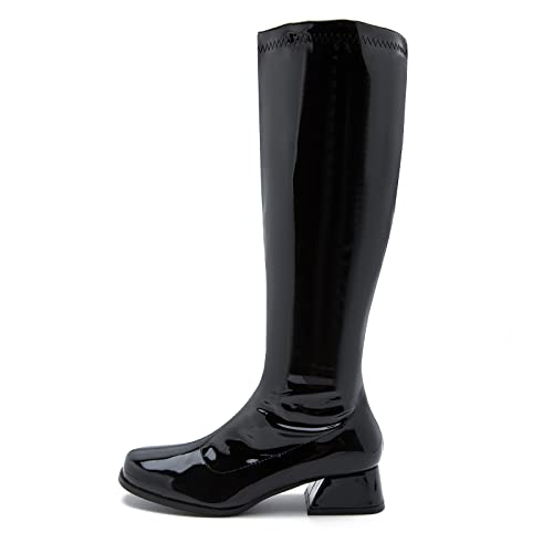 Enelauge Women's Go Go Boots Over The Knee Block Mid Heel Boots Square Toe Zipper Party Dance Shoes Black 39-9 Us #TOP1