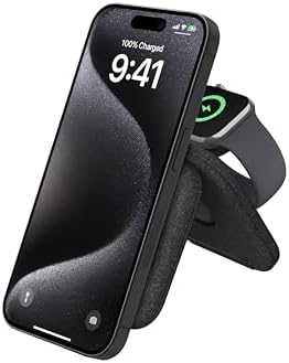 Belkin [Apple公認] 2-in-1 Qi2ワイヤレス充電ポータブルパッド公式認証/MagSafe対応 iPhone 16/15/14/13/12/スマートフォン(最大15W高速充電) Apple Watch 10/9/8/7/Ultra/Ultra2(急速充電対応) USB-Cケーブル付属(1.5m) AC電源アダプター付属 ブラック WIZ026dqBK