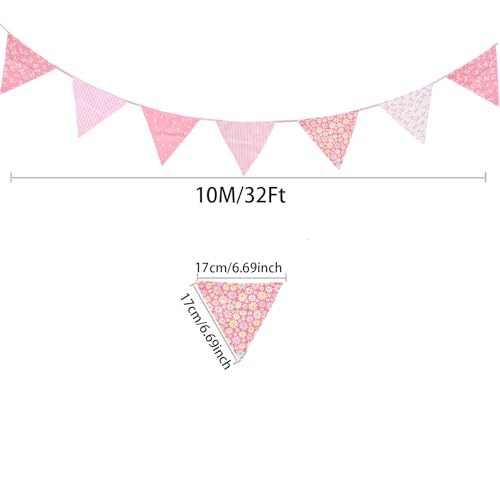Image of Zwiebeco 32Ft Light Pink Fabric Floral Pennant Banner Bunting Cotton Flowers Triangle Flags Party Decorations for Birthday Wedding Engagement Bridal Baby Shower Rustic Village Sweet Home Garden Decor