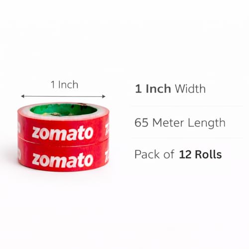 Image of Zomato Food Packing Tape | Pack of 12 | Strong Adhesive Red Color 24 mm 1 Inch x 65 Meter For Food Delivery Takeaway Boxes And Ecommerce Packing