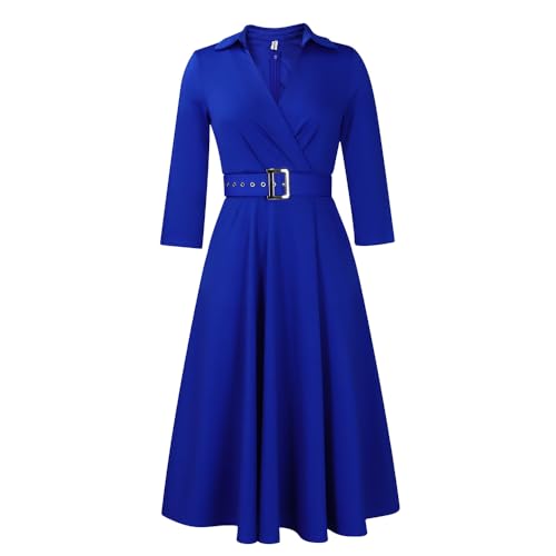 Useagrey Formal Dress for Curvy Women, Elegant Business Deep V Neck Dress with Belt, Long Sleeve Suit Skirt4