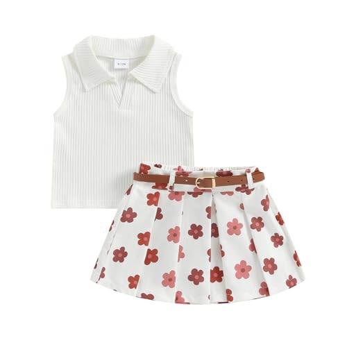 Jlkgicf Toddler Girl Summer Outfit Solid Ribbed Knit Tank Tops Floral Print Pleated Mini Skirts With Belt 2Pcs Clothes Set cover