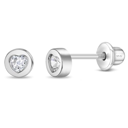 925 Sterling Silver Heart Cubic Zirconia Round Shaped Safety Screw Back Earrings For Girls - Small Round Heart Earrings For Children - Little Girls Love Heart Earrings