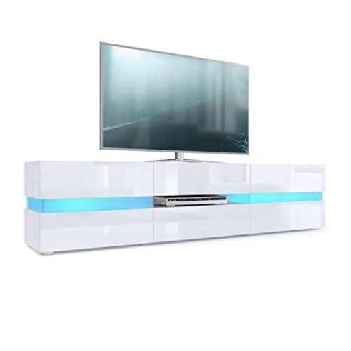 Vladon Lowboard Flow, Made in Germany, TV-Kommode mit Ambient Light Verglasung mit 2 Türen, 1 Schublade und 1 Klappe, Weiß matt/Weiß Hochglanz, inkl. LED-Beleuchtung (177 x 45 x 39 cm)