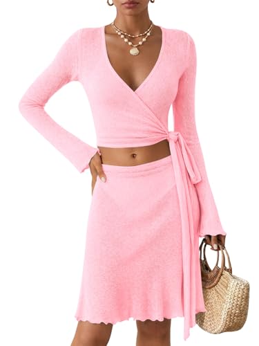 Saodimallsu Women Crochet Bathing Suit Cover Up Sheer Wrap Tie Crop Top Mini Skirt Set Bikini Cover Beachwear Pink - image 1