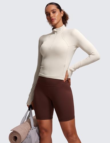 Image of CRZ YOGA Butterluxe Half Zip Crop Top | Workout, Extremely Soft, Slim Fit, Thumbholes, Side Pocket, Long Sleeve Shirts for Women