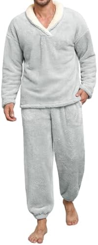 Voqeen Schlafanzug Herren Flauschig Winter 2 Stück Pyjama Herren Sets Weiches Fleece Warm Lose Schlafanzüge Gemütlich Langarm Hausanzug Für Zuhause
