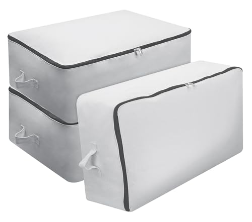 Omygarden Pack de 3 bolsas de tela de lona transpirable para ropa de cama, ropa, suéteres, chaquetas de plumón, 65 x 47 x 22 cm, gris claro