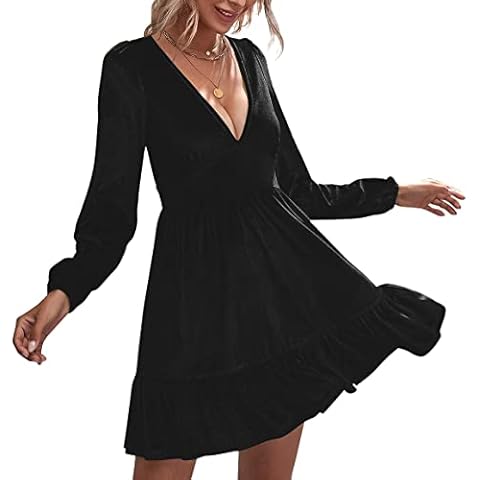 ROYLAMP Women's Shift Dress Deep V-Neck Long Sleeve Ruffle Mini Swing Cocktail Velvet Dresses, Black, Small Cover