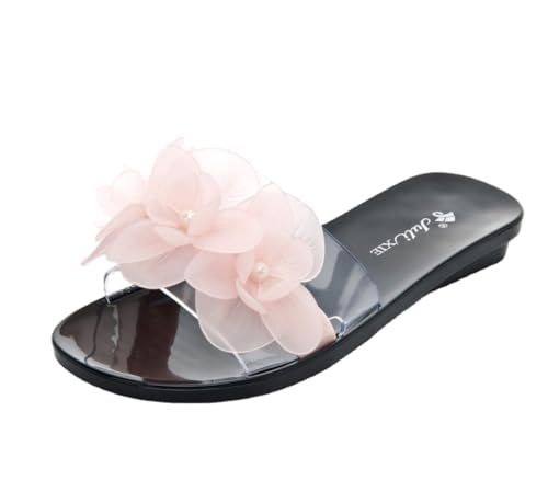 Loizziuy Floral Sandals Summer Crystal Jelly Sandals Fashion Flat Transparent Outdoor Non-slip Beach Slippers
