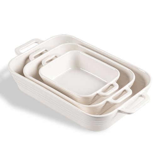 Sweejar Relief Casserole Dishes for Oven, Ceramic 9×13 Baking Pans Set for Cooking, Cake, Banquet and Daily Use, Rectangular Bakeware Set, Porcelain Baking Dish, Lasagna Pan Deep with Handles(White)