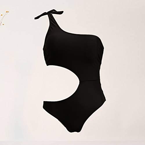 Maiô de uma peça de ombro só, traje de banho feminino sexy recortado, monoquíni liso (preto/G)