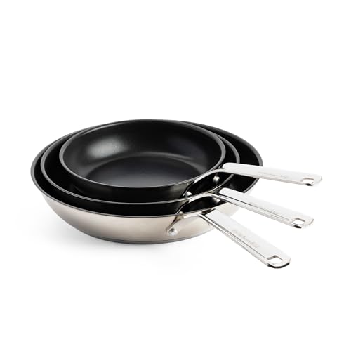 KitchenAid Stainless Steel 20cm, 24cm & 28cm Bratpfannen-Set, PFAS-Freie Gesunde Keramische Antihaftbeschichtung, Induktion, Ofen- und Spülmaschinenfest, Silber