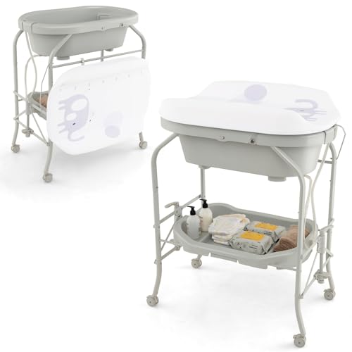 RELAX4LIFE 4 en 1 Cambiador/Bañera Bebe Plegable con 4 Ruedas Universales Bloqueables y 1 Estante, Cambiador Bebe Portátil con Cojín Impermeable, Bañera para Bebé 0 12 Meses, Carga 35kg (Gris)