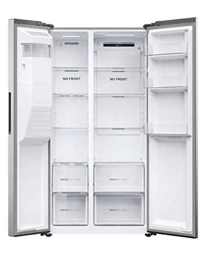 Haier SBS 90 Series 5 Freestanding American Fridge Freezer with Water & Ice Dispenser, Side by Side, Total No Frost, D Class, 511L Total Capacity, Quiet, Platinum Inox, 91x66x177.5 cm - HSR5918DIMP