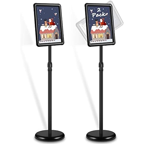JACNITAD Sign Stand, 2 Pack Adjustable Sign Holder Standing Floor Sign Stand for 8.5x11 inches, Snap-Open Frame with Safety Corner for School Church Business Show Christmas Decorations, Black Cover