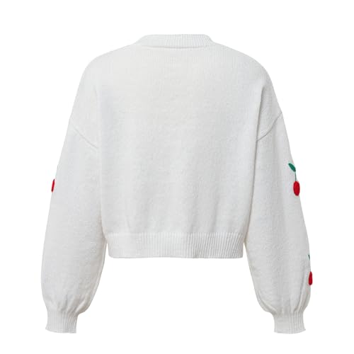 Women's Cherry Gaphic Open Front Long Sleeve Cable Knit Cute Cropped Cardigan2