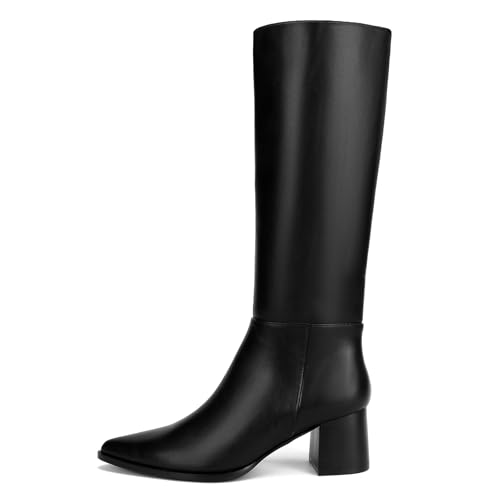 Knee High Boots for Women Faux Leather Pointed Toe Chunky Mid Heeled Boots with Side Zip2