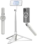 TONEOF 68" Magnetic Selfie Stick Tripod with Aluminum Strong Magnetic Holder for Magsafe, 360° Rotatable Travel Phone Tripod Stand with Metal Ring & Rechargeable Remote for iPhone/Android(Beige Gray)