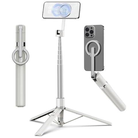 TONEOF 68" Magnetic Selfie Stick Tripod with Aluminum Strong Magnetic Holder for Magsafe, 360° Rotatable Travel Phone Tripod Stand with Metal Ring & Rechargeable Remote for iPhone/Android(Beige Gray) Cover
