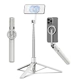 TONEOF 68' Magnetic Selfie Stick Tripod with Aluminum Strong Magnetic Holder for Magsafe, 360° Rotatable Travel Phone Tripod Stand with Metal Ring & Rechargeable Remote for iPhone/Android(Beige Gray)