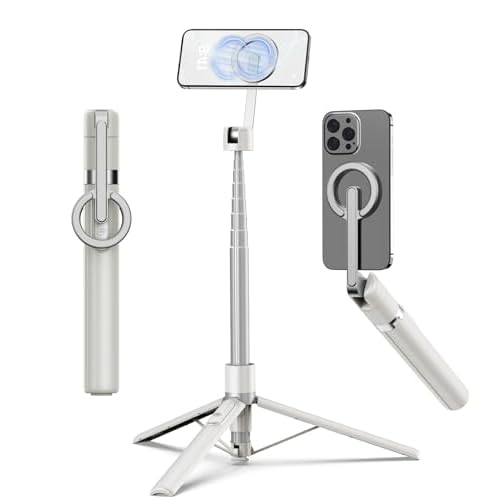 TONEOF 68″ Magnetic Selfie Stick Tripod with Aluminum Strong Magnetic Holder for Magsafe, 360° Rotatable Travel Phone Tripod Stand with Metal Ring & Rechargeable Remote for iPhone/Android(Beige Gray)