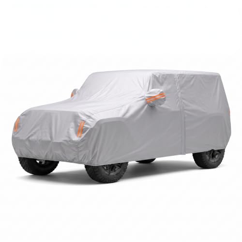 Image of Car Cover for Jeep Wrangler 4 Door 2006-2026 JK JL Outdoor Waterproof Sun Rain Snow Hail UV Protection with Driver Door Zipper, Silver