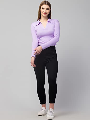 Image of Ribbed Polo Collar Full Sleeves Tops for Women