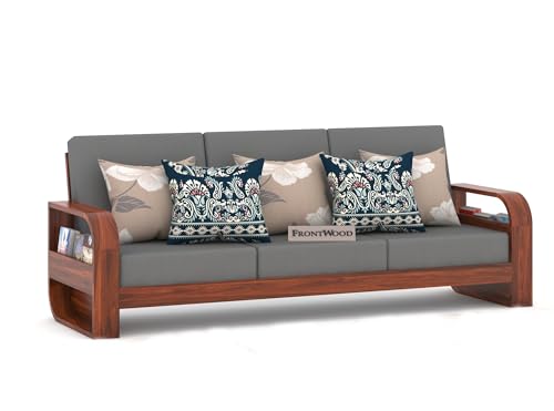 Image of Wooden 4 Seater Sofa Set with 40 Density Cushion for Living Room, Four Seater Sofa for Office & Lounge, 3+1 Seater Sofa Sets for Home, Sheesham Wood (Natural,Grey)