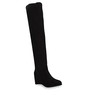 stiefelparadies Damen Overknees Wedges Stiefel Schleifen Keil Absatz Schuhe 64308 Schwarz Brooklyn 39 Flandell
