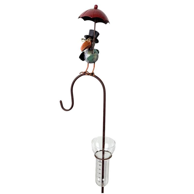 Pluviomètre à Piquer Tuteur à Plantes Déco de Jardin Corbeau Parapluie Rouge en Acier et Verre 10x18x132cm