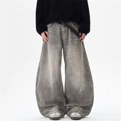 Men's Vintage Splash-Ink Washed Denim Pants, Contrast Color, Casual Wide Leg, Trendy Machete Jeans3