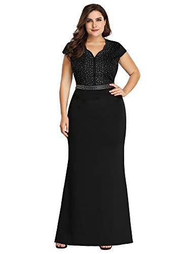Women's Plus Size Cap Sleeve Beads Patchwork Mermaid Dress Black US24