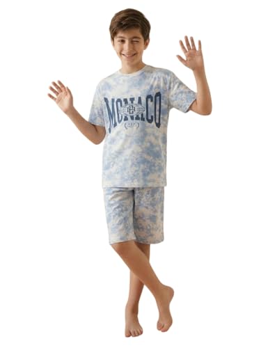 Image of Li'l Tomatoes Boys 100% Cotton Night Suit Set | Half Sleeve T-Shirt & Shorts | Color Block & Typography Print | Soft & Breathable Sleepwear | Casual Summer Wear | 9-16 Years