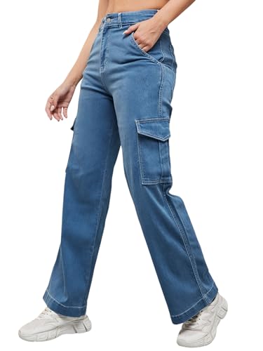 Jean pour femme à jambe large taille haute pantalon denim stretch regular bleu