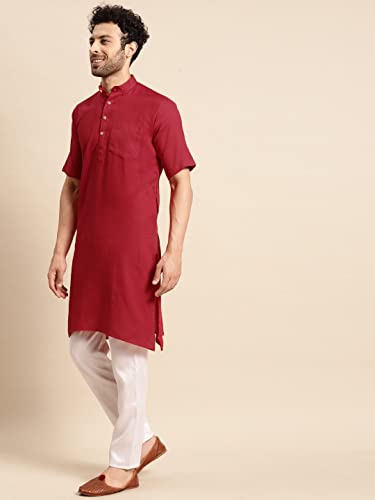 Image of Rajubhai Hargovindas Men's Pure Cotton Woven Design Half Sleeve Kurta