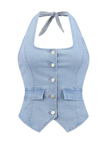 Débardeur en denim à col licou et veste courte jean ajustable