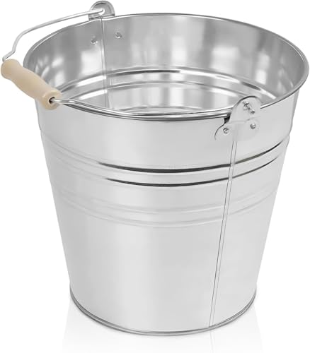10 Litre Metal Bucket | Strong Heavy Duty Galvanized Rust Resistant Steel Bucket with Wooden Handle for Cleaning 10L Garden Storage Hot Ash Garden Waste Drink Cooler Buckets for Multipurpose Uses