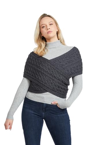Women's Aran Cable Crossover Wrap Sweater 100% Merino Wool V-Neck with Buttons - Main Image
