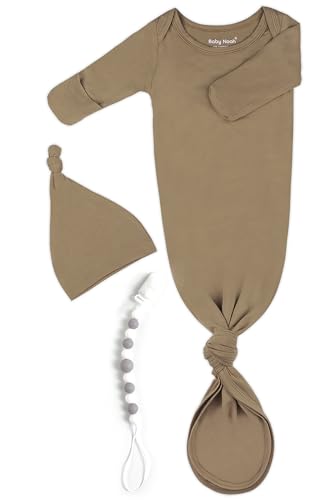 Image of Newborn Baby Knotted Gown, Super Soft Silky Infant Long Sleeve Sleeper for Baby Girl with Hat Set