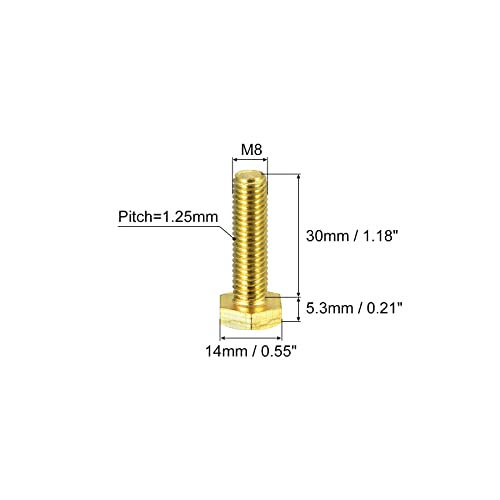 Image of uxcell Brass Hex Bolts, M8x30mm 3pcs Fully Thread Grade 4.8 Solid Brass Hexagon Head Bolt Machine Screws for Machinery
