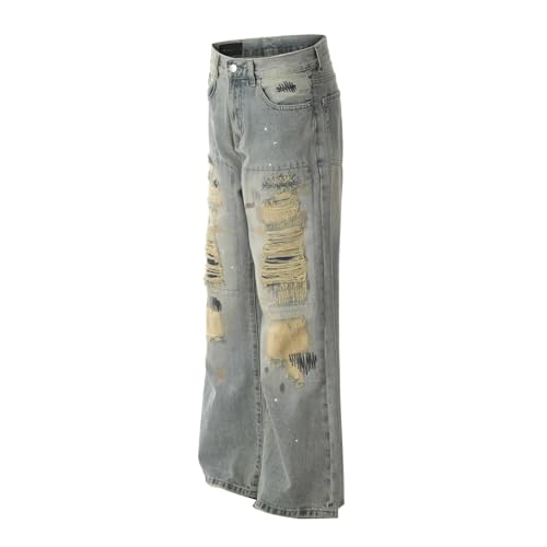 Jeans Pants Trousers Denim Street Trendy Washed Dirty Hole Loose Straight Leg for Men4